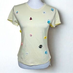 Rosie Posie Floral Embellished Short Sleeve Tee Light Pale Yellow Women Small